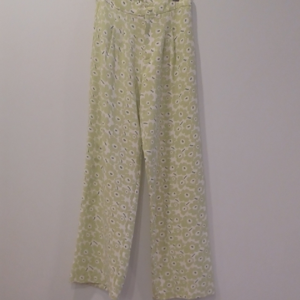Light Green Floral Straight-Leg Pants